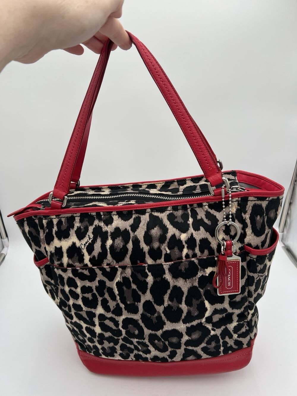 Coach Park Ocelot Print Carrie Tote F25178 Red Leather Trim Leopard Shoulder Bag